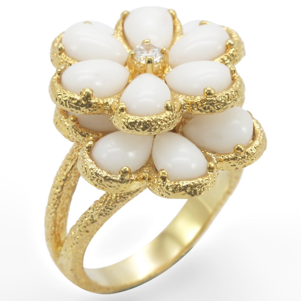 1W045 - Gold Brass Ring with Synthetic Synthetic Glass in White | Turquoise Tiger
