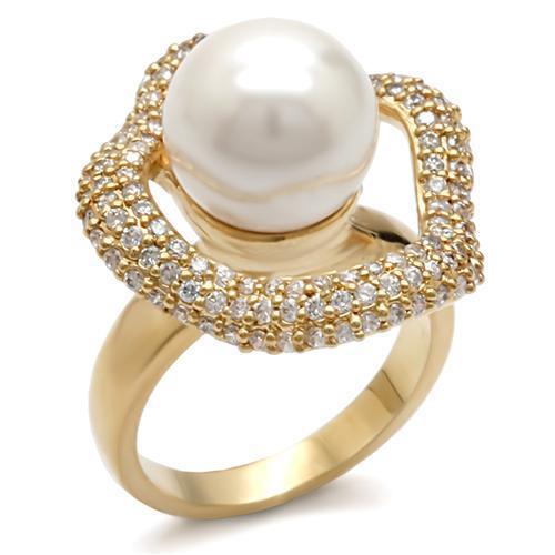 1W103 - Gold Brass Ring with Synthetic Pearl in White | Turquoise Tiger