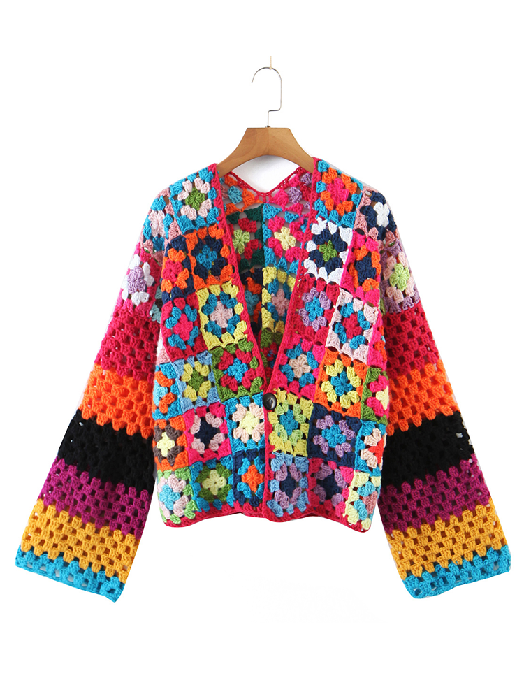 BOHO Plaid Flower Hand Made Crochet Cardigan