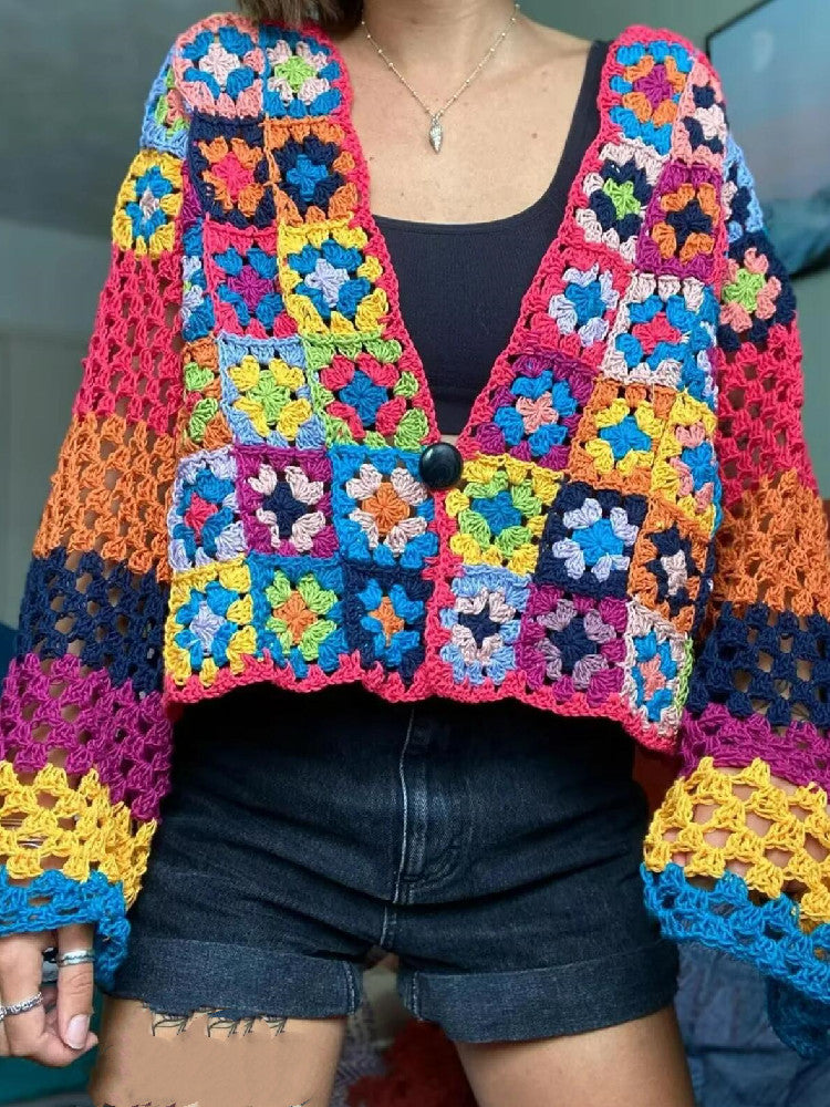 BOHO Plaid Flower Hand Made Crochet Cardigan