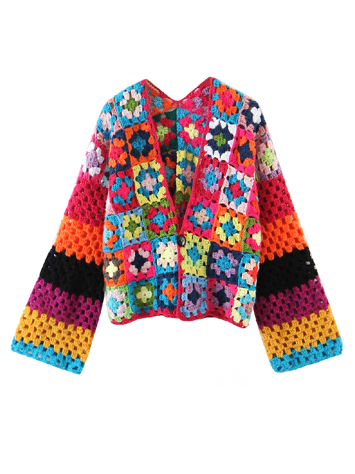 BOHO Plaid Flower Hand Made Crochet Cardigan