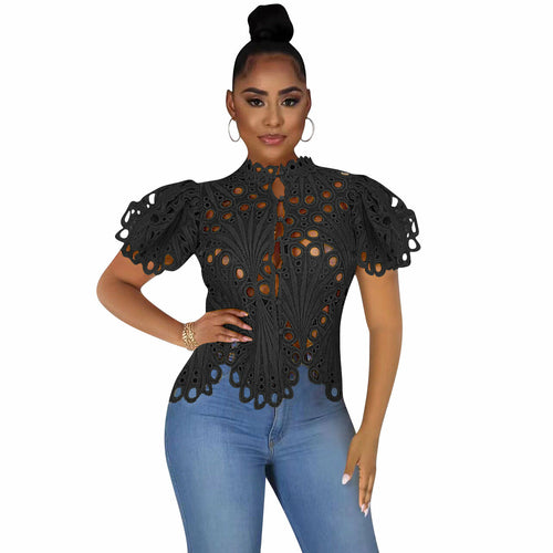 Hollow Out Mesh Lace Shirt Sheer See Through Top Blouse