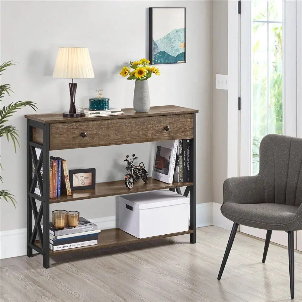 Elegant Taupe Wood and Dark Iron Console Table with Drawer and Shelves