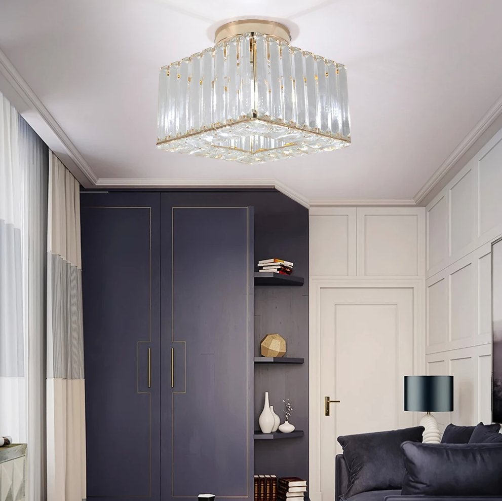 Elegant Gold and Black Crystal LED Ceiling Light – Modern Flush Mount Chandelier for Home Décor