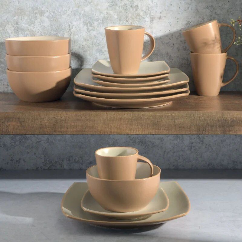 Modern Square Stoneware 16-Piece Dinnerware Set, Soho Lounge Sand Collection