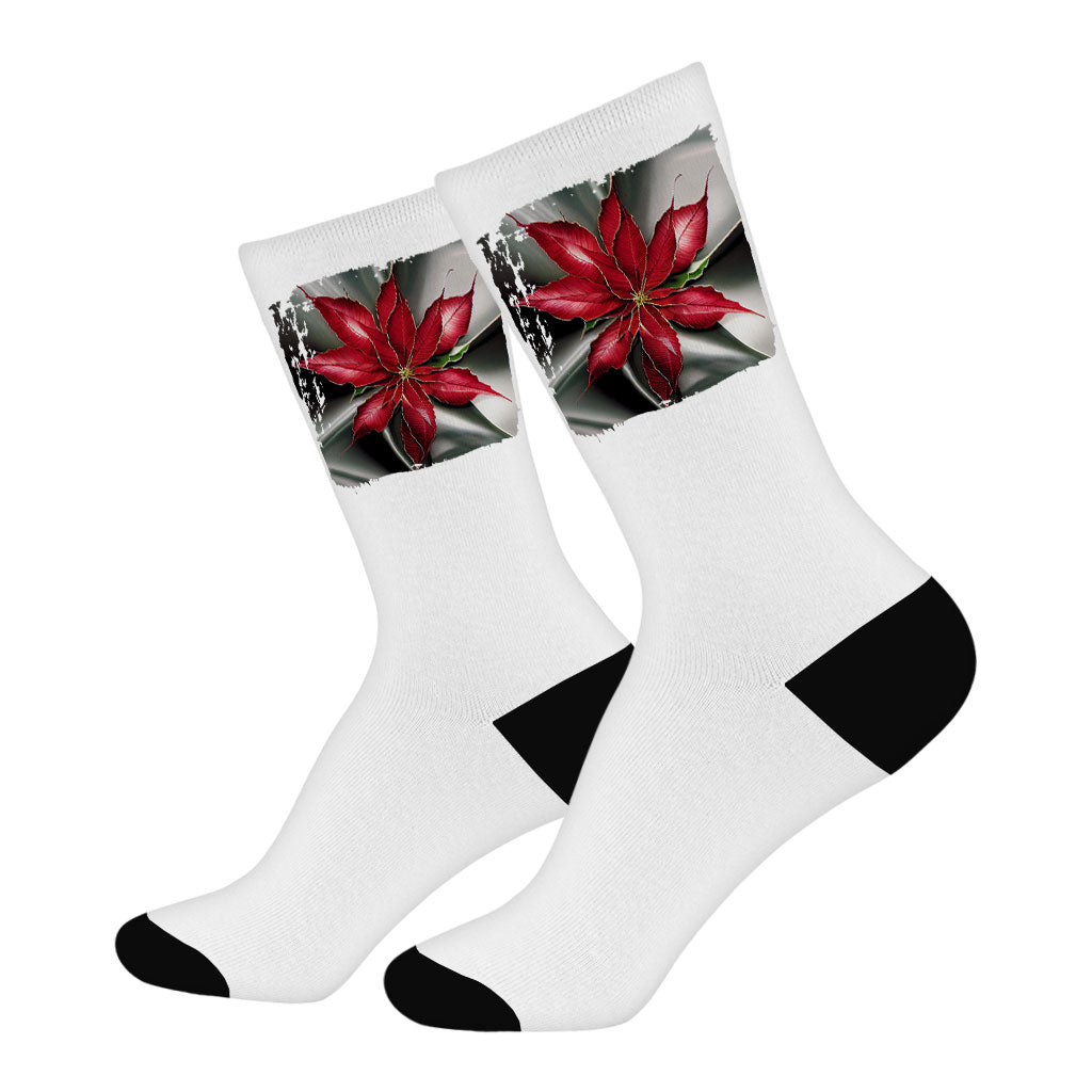 Poinsettia Christmas Socks - Art Novelty Socks - Graphic Crew Socks