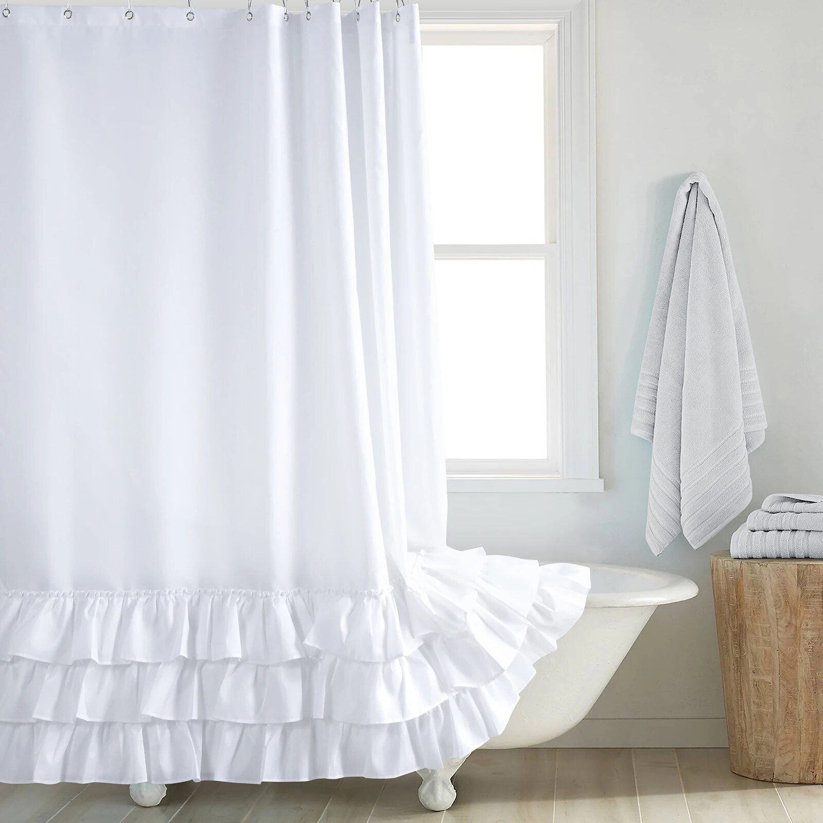 Elegant Ruffled White Boho Waterproof Shower Curtain