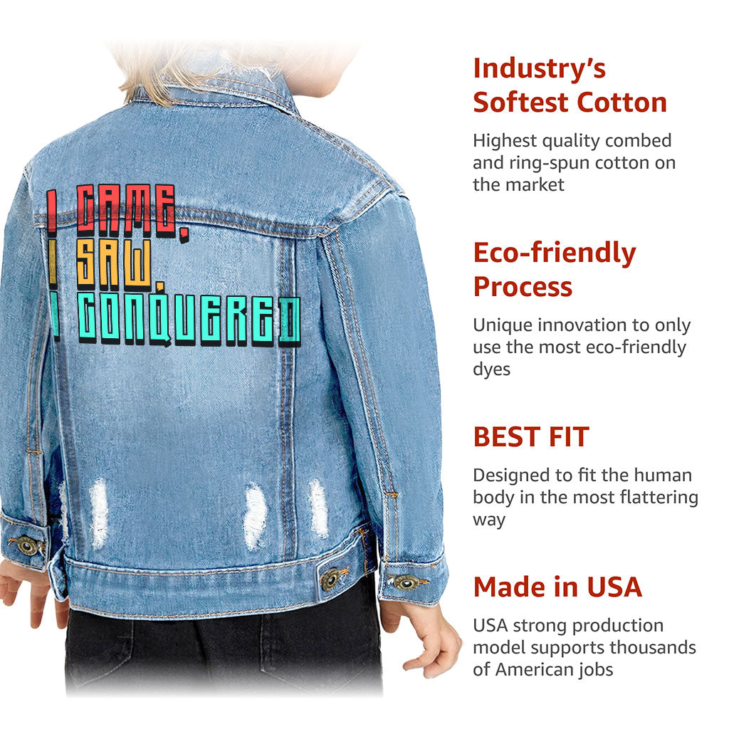 I Came I Saw I Conquered Toddler Denim Jacket - Cool Jean Jacket - Best Selling Denim Jacket for Kids