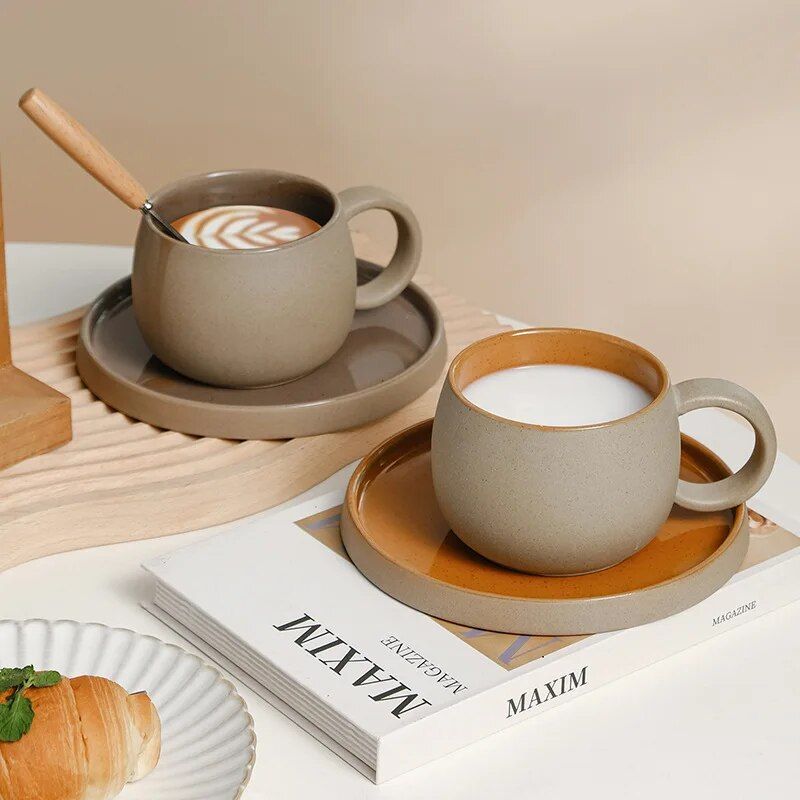 Japanese Style Ceramic Coffee Cup Set - Retro Rough Pottery Mugs and Plates for Afternoon Tea and Breakfast