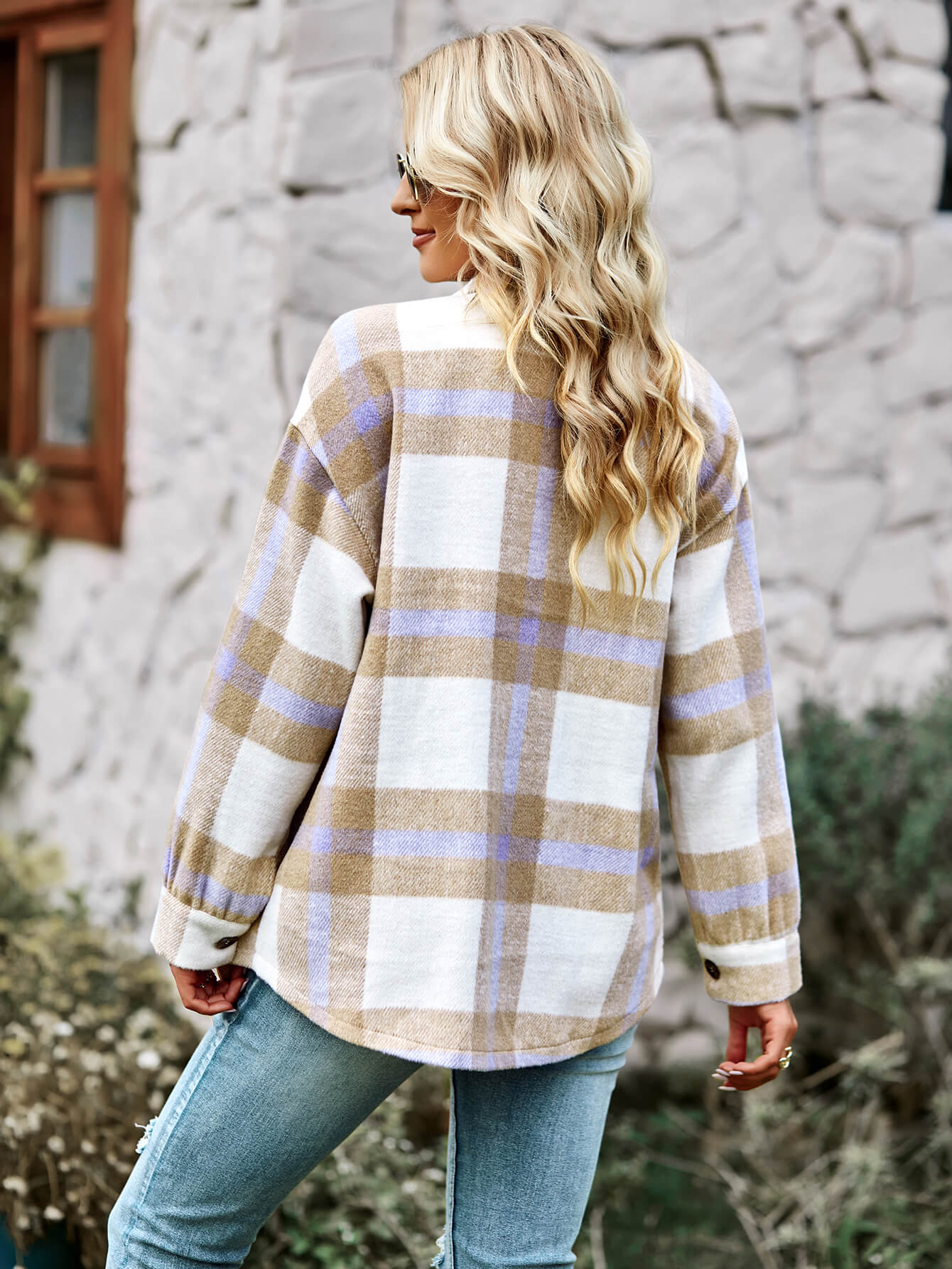 Plaid Dropped Shoulder Shirt Jacket with Breast Pockets