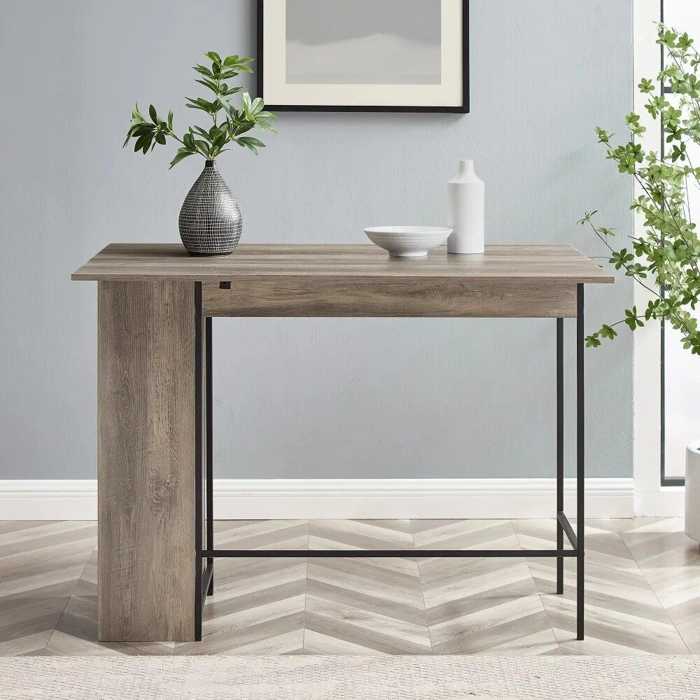 Expandable Grey Wash Side Table with Adjustable Shelves and Drop Leaf