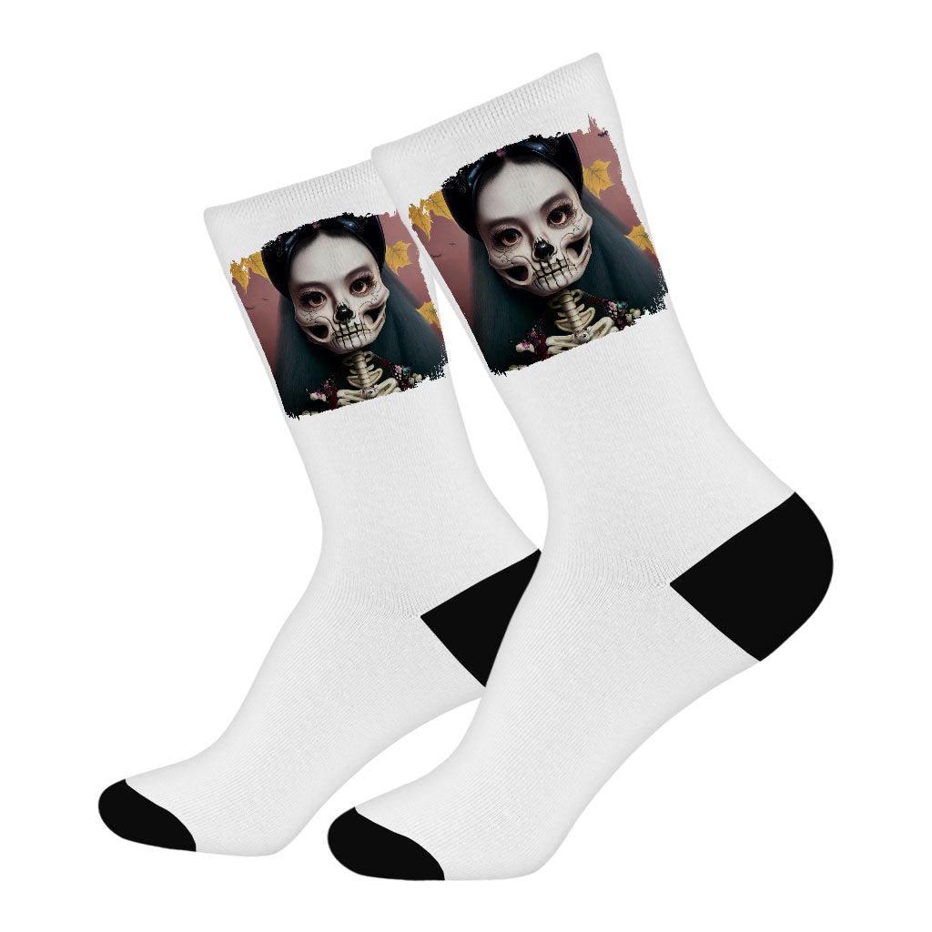 Cool Skeleton Socks - Floral Novelty Socks - Halloween Print Crew Socks