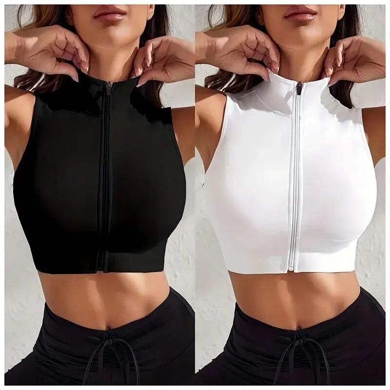 Women's Breathable Nylon Yoga Fitness Set with 2 Zipper Vest Tops