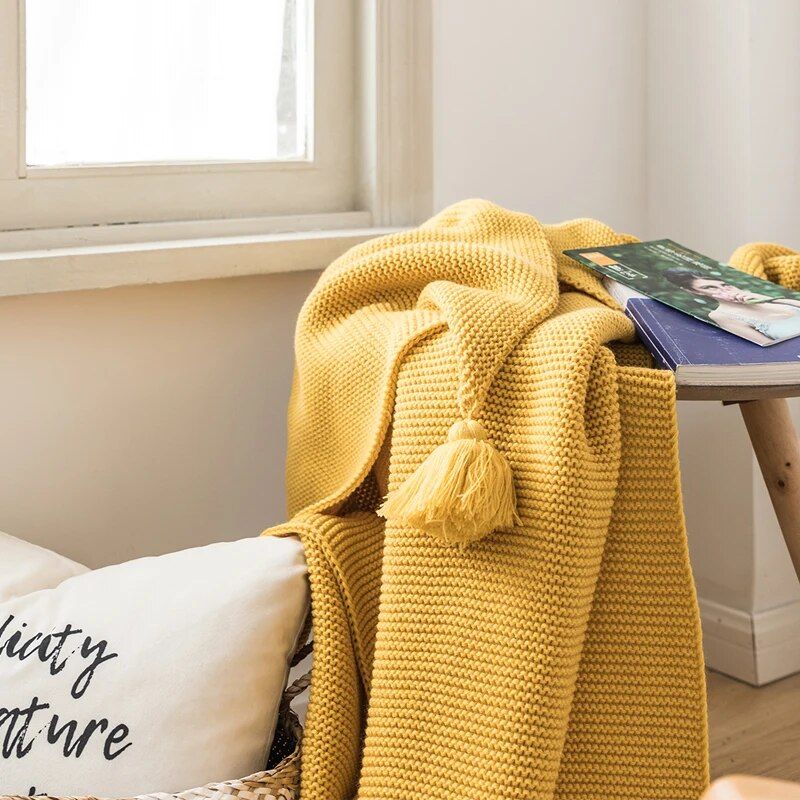 Mustard Yellow Luxury Knit Throw Blanket with PomPom Tassels