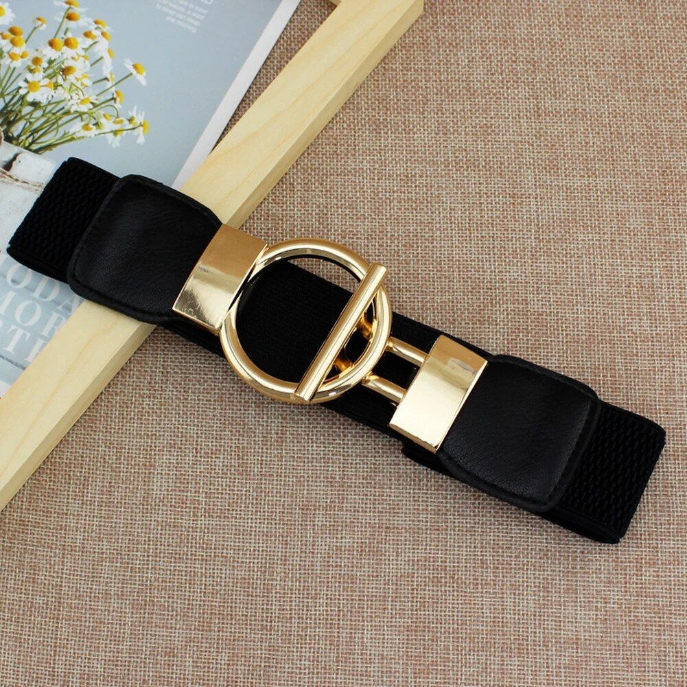 Elegant Elastic Fashion Belt for Women with Round Metal Buckle