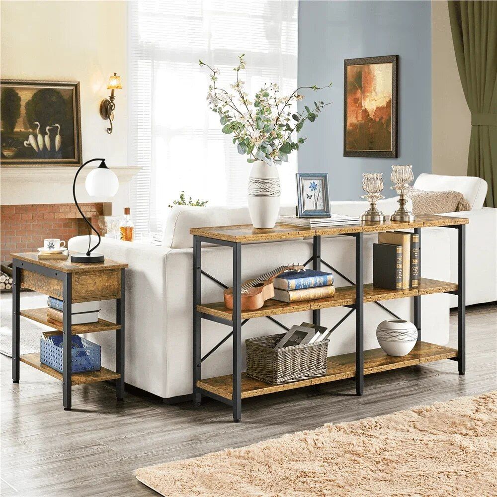 Industrial 55" 3-Tier Console Table, Rustic Brown