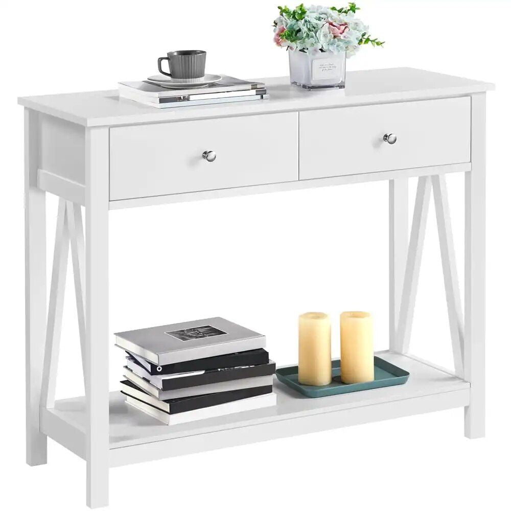 Elegant White Wooden Console Table with Drawers and Shelf