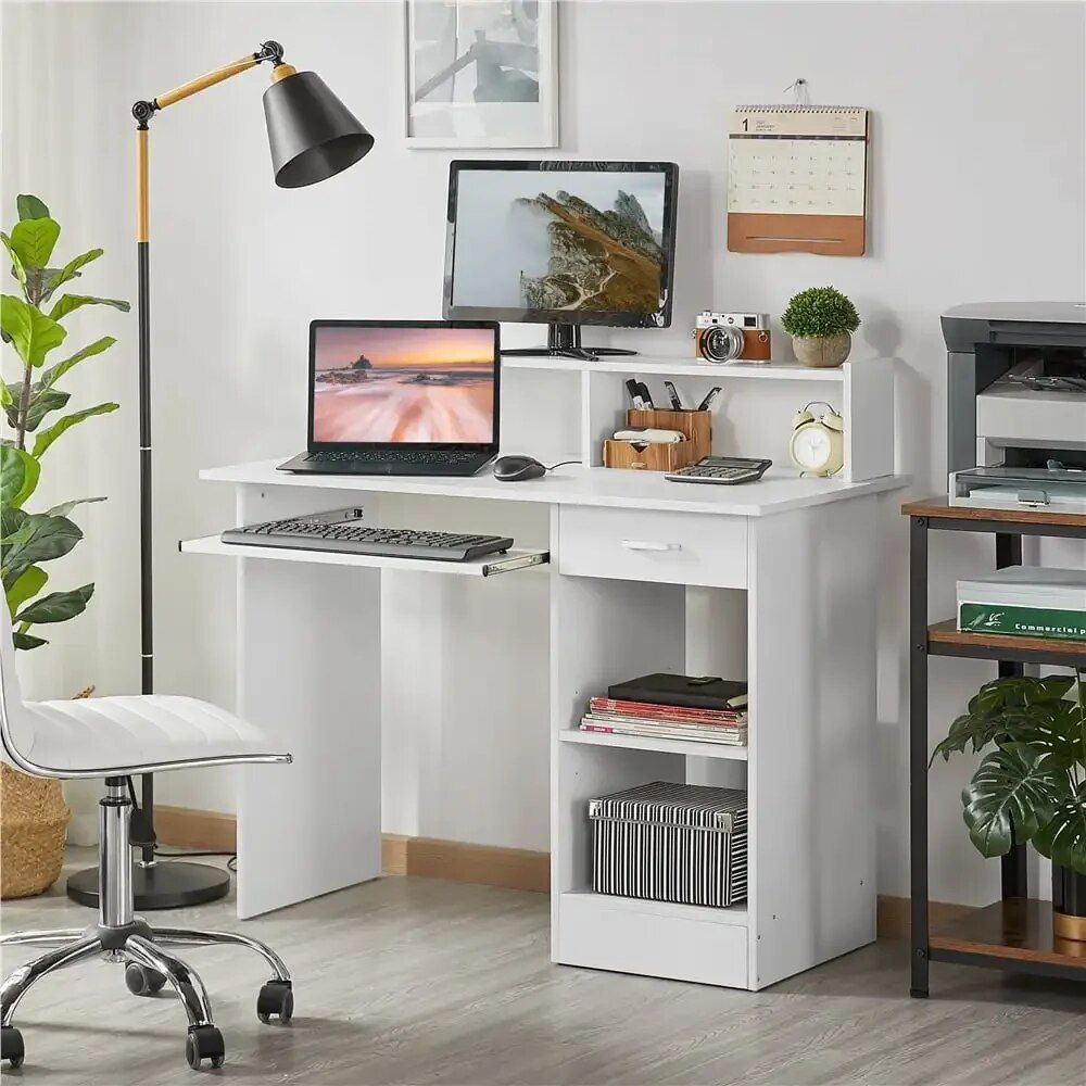 Modern White Wooden Computer Desk with Drawers and Keyboard Tray