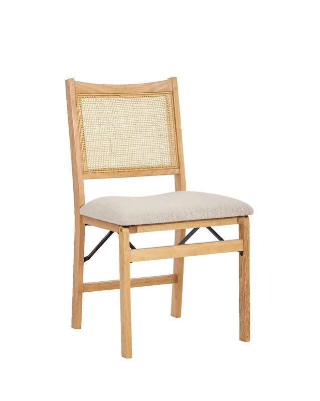 Elegant Natural Wood and Rattan Folding Chair with Upholstered Beige Seat