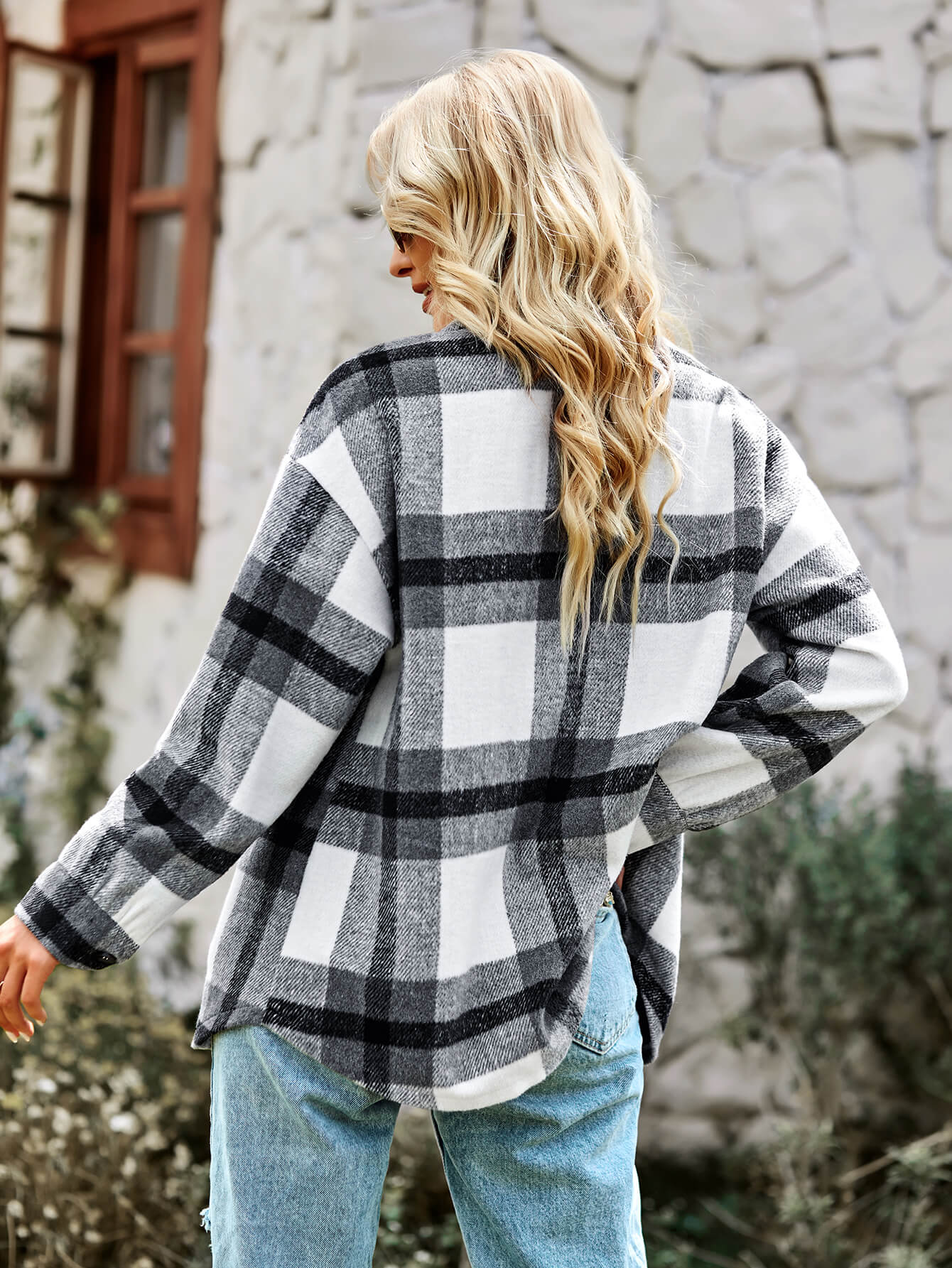 Plaid Dropped Shoulder Shirt Jacket with Breast Pockets