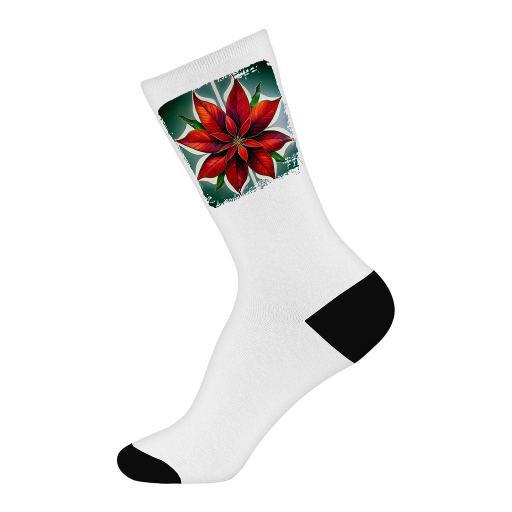 Red Flower Socks - Plant Novelty Socks - Poinsettia Crew Socks