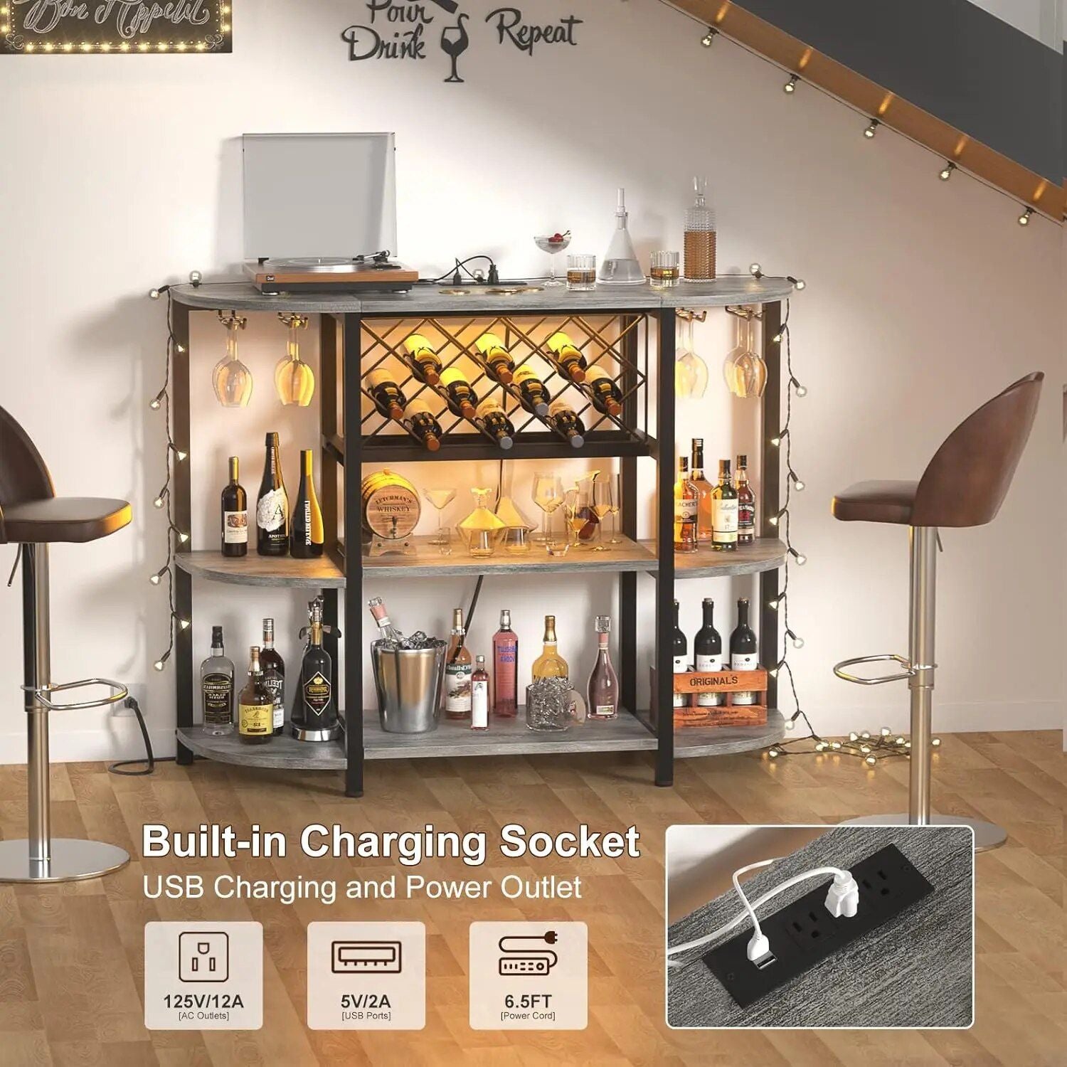 4-Tier Metal Coffee Bar Cabinet with Integrated Power Outlets and LED Lighting