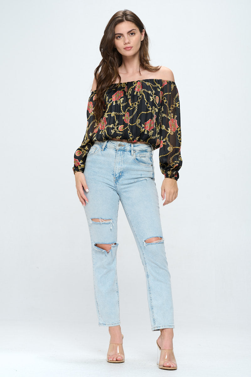 Off-shoulder long-sleeve chain blouse