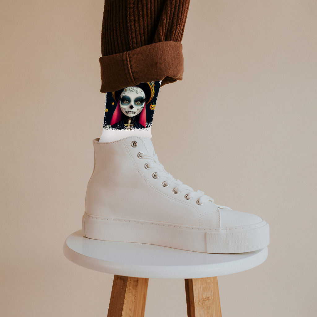 Skeleton Art Socks - Cartoon Girl Novelty Socks - Printed Crew Socks