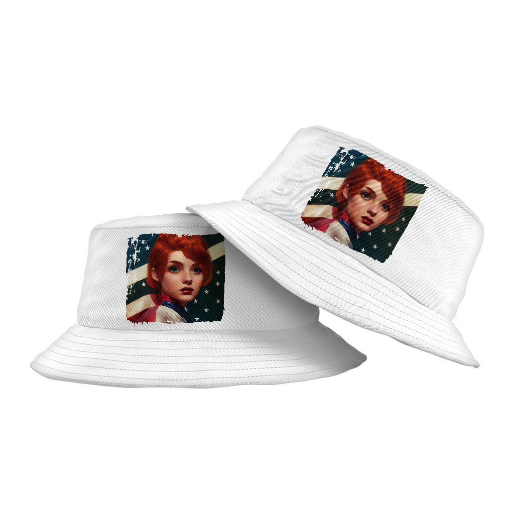 Girl Red Hair American Flag Bucket Hat - Art Hat - Cool Bucket Hat