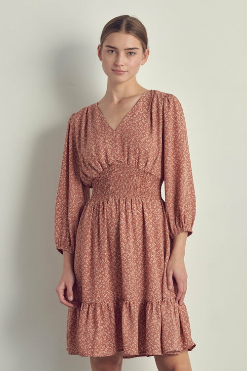 V-neck smocked waisted long sleeve dress