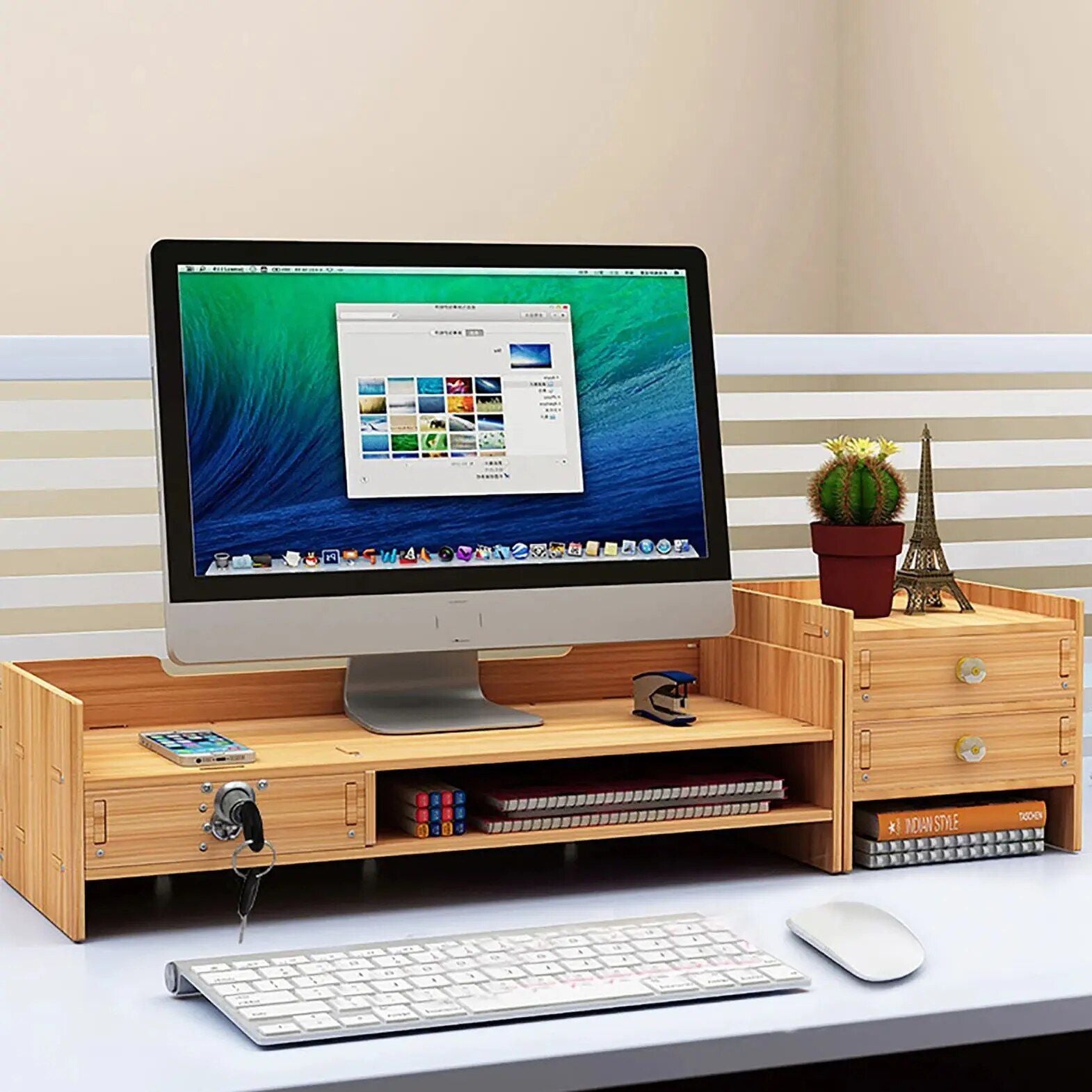 Cherry Wood Desktop Organizer with Drawers for Office and Home