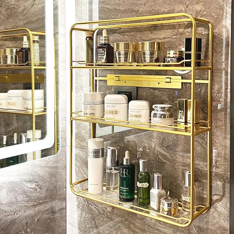 Luxurious Gold Three-Layer Wall Mounted Bathroom Shelf