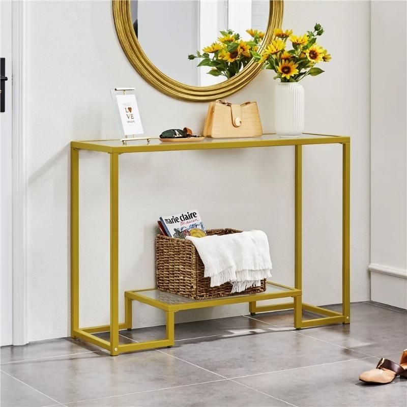 Gold-Tone 2-Layer Tempered Glass Console Table with Metal Frame for Versatile Use