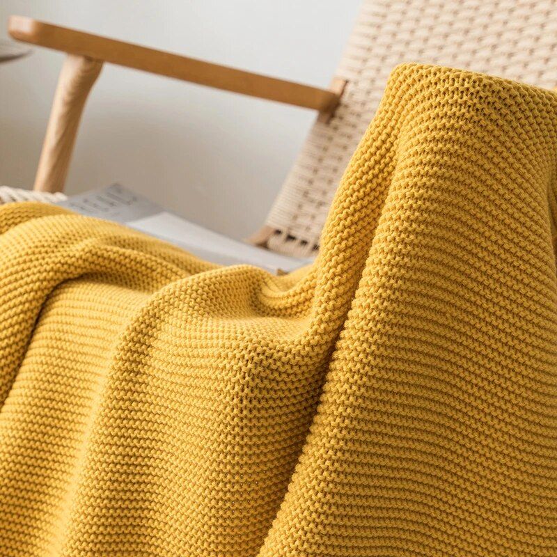 Mustard Yellow Luxury Knit Throw Blanket with PomPom Tassels