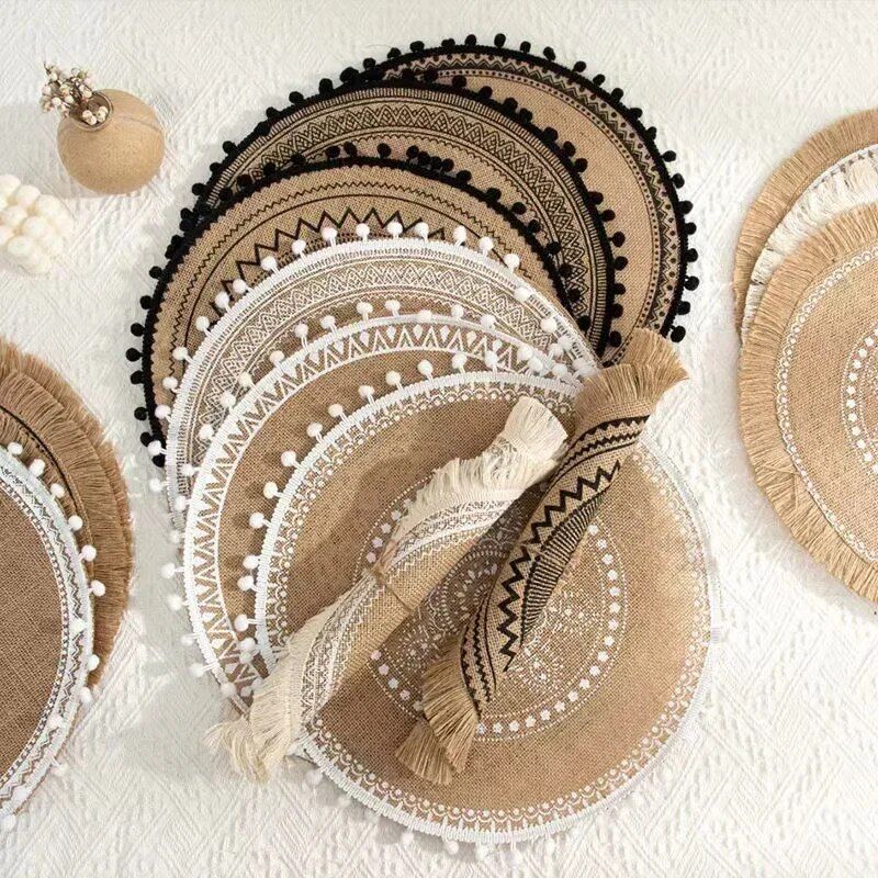 Chic Bohemian 15" Jute Placemat with Pompom Tassel - Eco-Friendly Table Decor