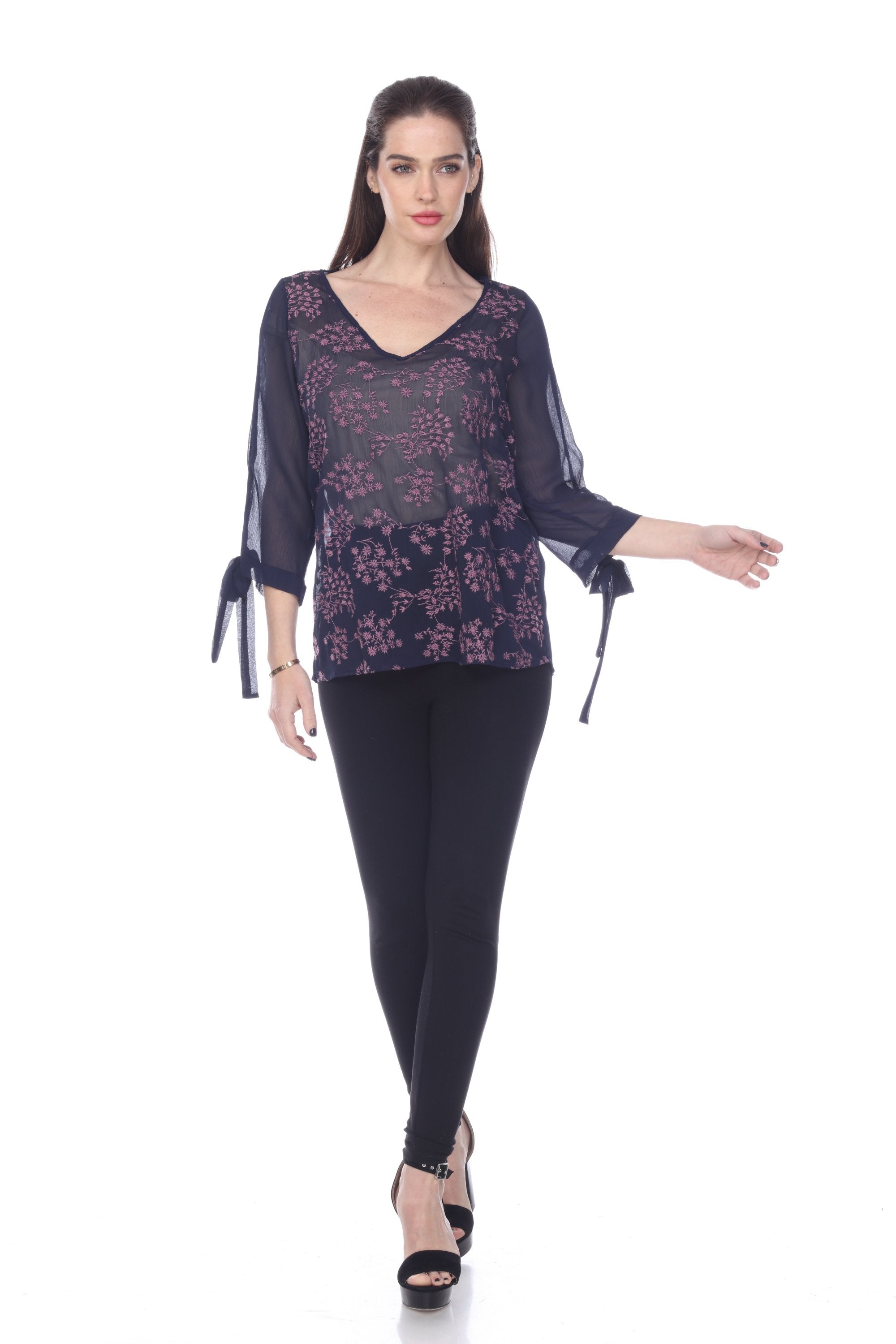 Sheer V-neck Top with Floral Embroidery