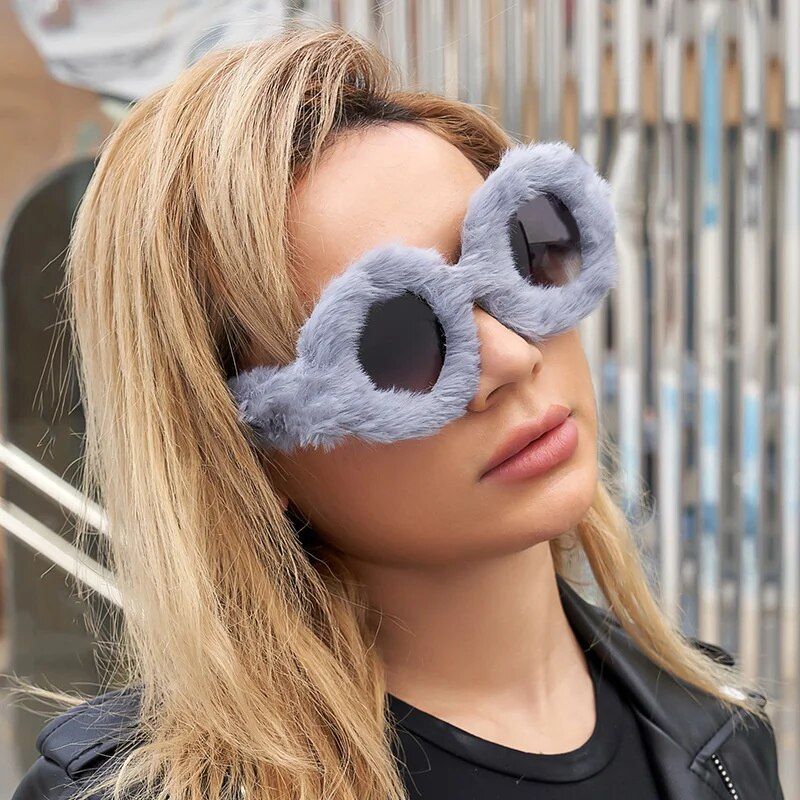 Luxury Plush Round Sunglasses - Women's Fluffy Fur-Trimmed Fashion Eyewear