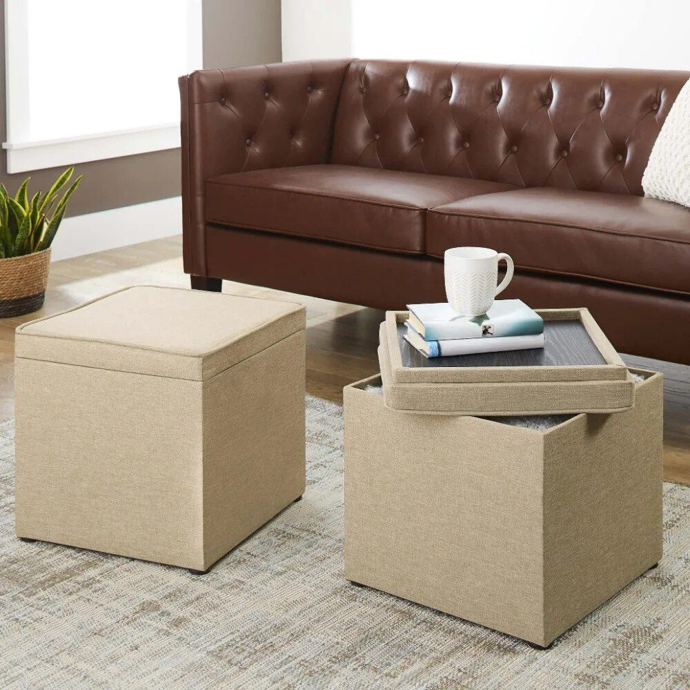 Multi-Functional Tan Storage Ottoman with Tray