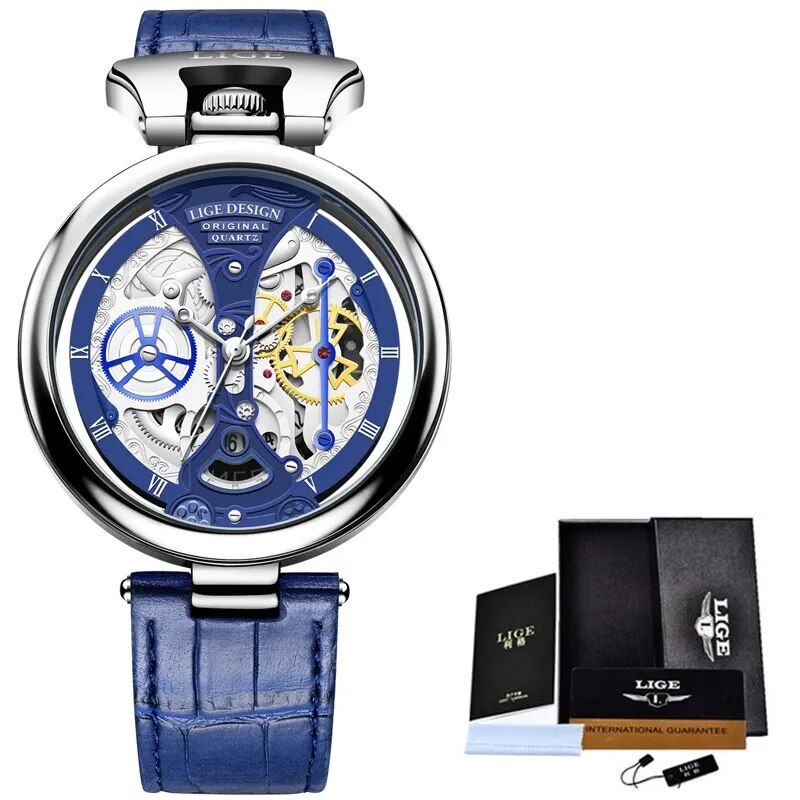 Elegant Casual Leather Skeleton Quartz Wrist Watch with Stainless Steel Case