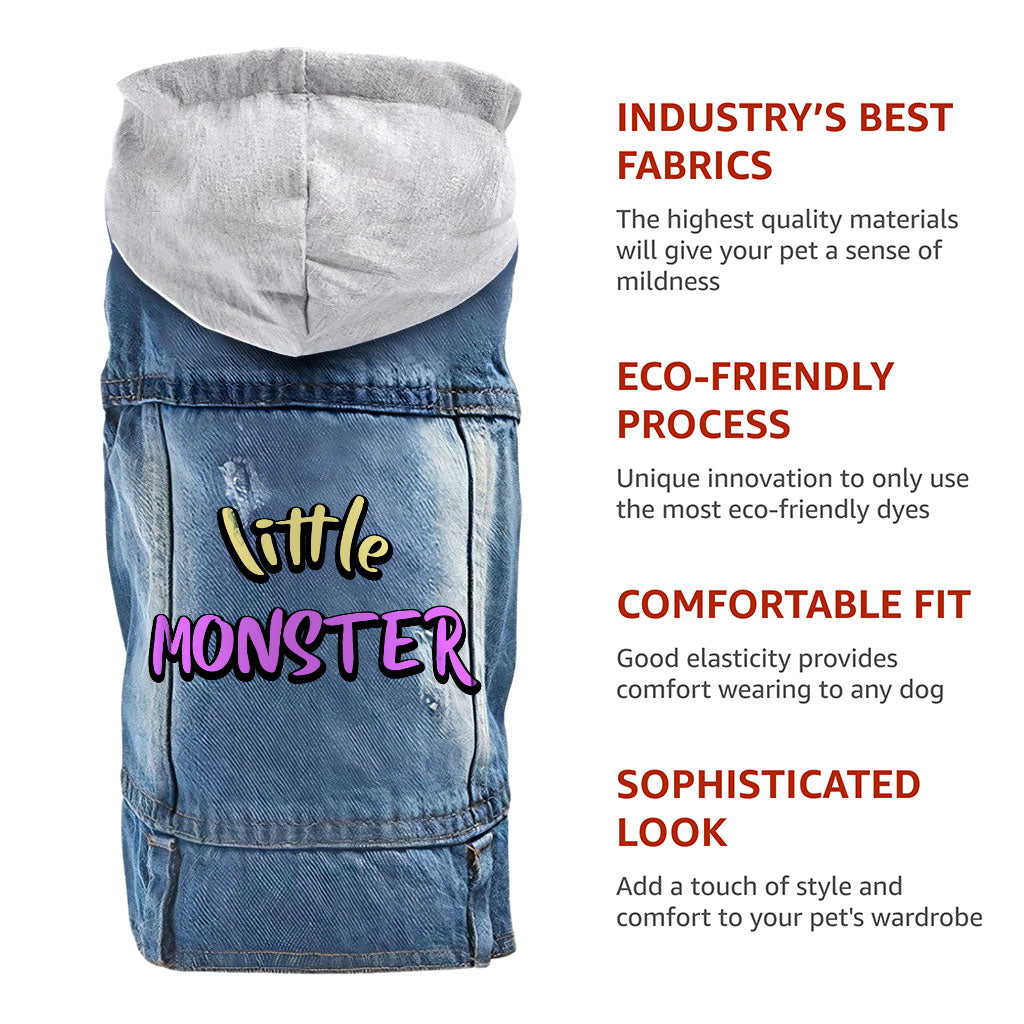 Little Monster Dog Denim Jacket - Unique Dog Denim Coat - Word Print Dog Clothing