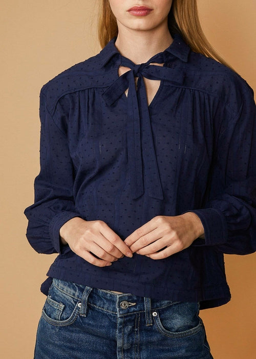 Women's Dotted Tie Neck Blouse in Midnight Stripe