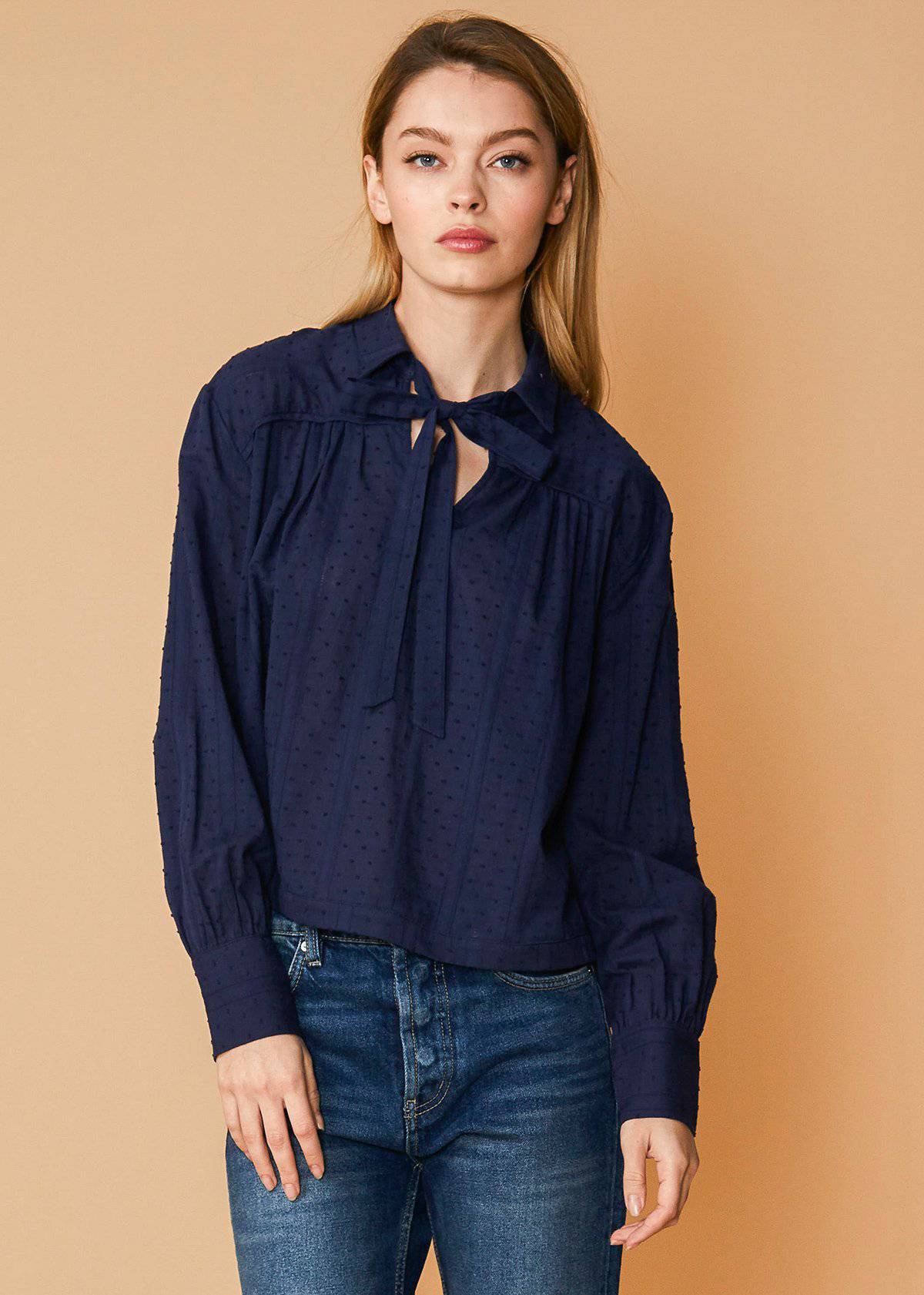 Women's Dotted Tie Neck Blouse in Midnight Stripe