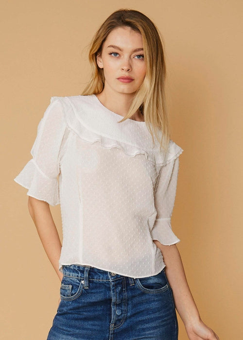 Women's Swiss Dot Ruffle Sleeve Top in White