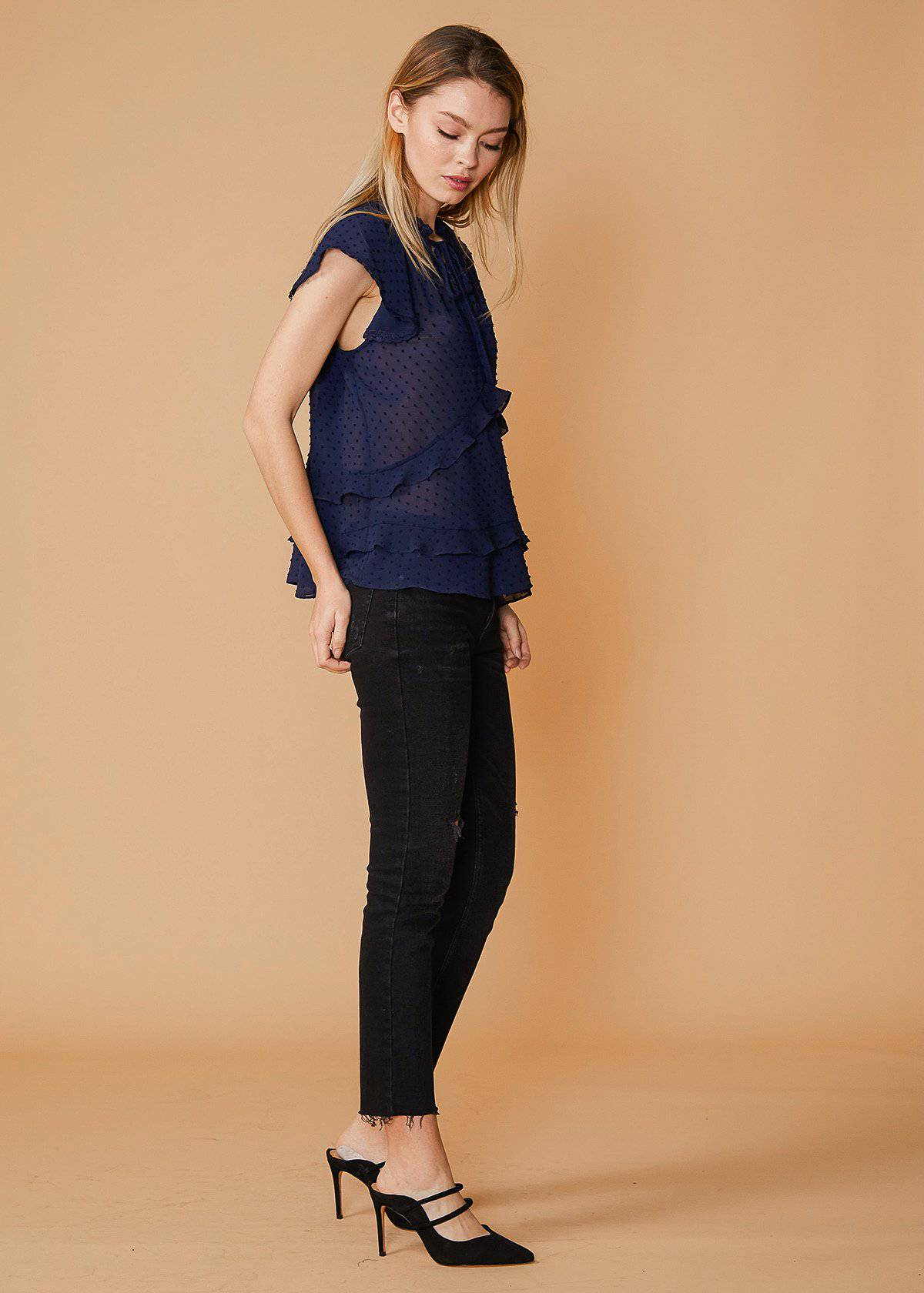 Women's Swiss Dot Layered Ruffle Top in Midnight