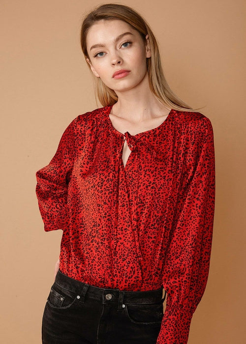 Women's Tie-neck Long Sleeve Bodysuit in Red Leopard