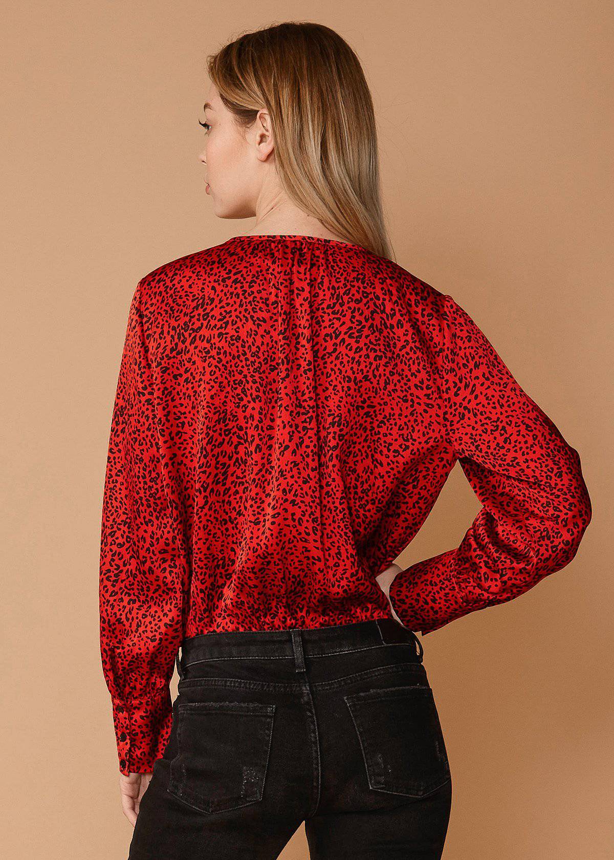 Women's Tie-neck Long Sleeve Bodysuit in Red Leopard