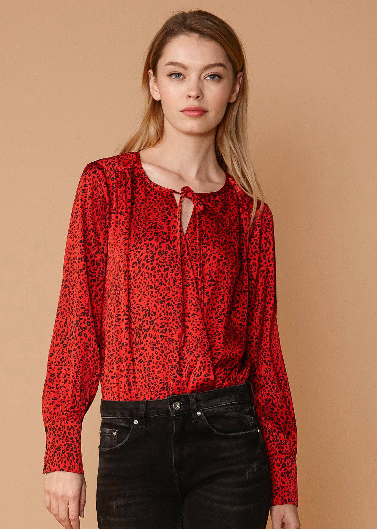 Women's Tie-neck Long Sleeve Bodysuit in Red Leopard