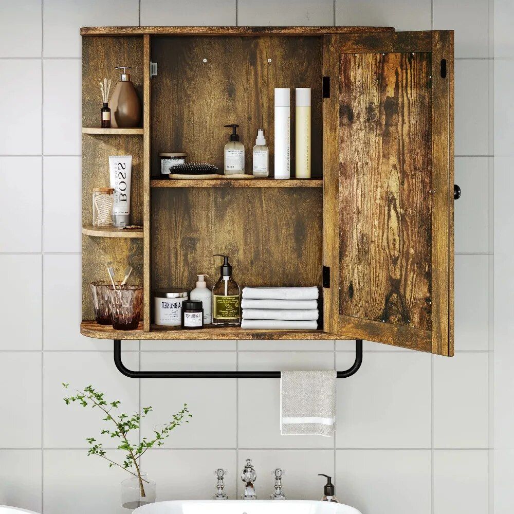 Wall-Mounted Brown Mirror Cabinet with Removable Shelf