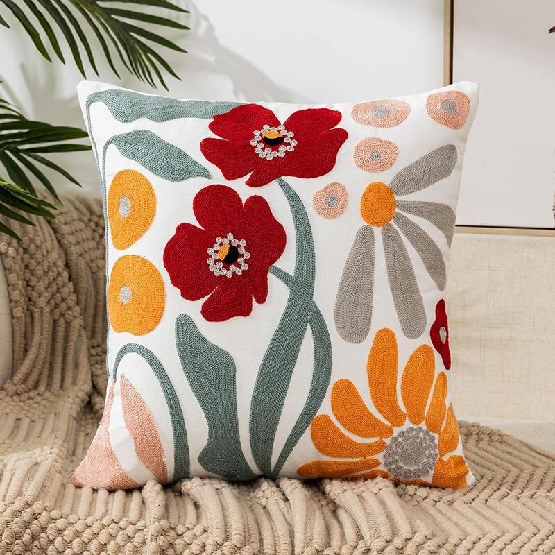 Embroidered Floral Canvas Cushion Cover