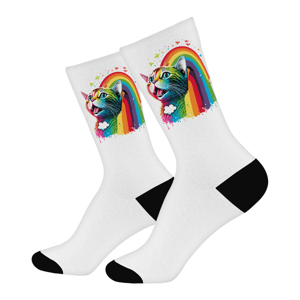 Rainbow Cat Socks - Colorful Novelty Socks - Cute Design Crew Socks